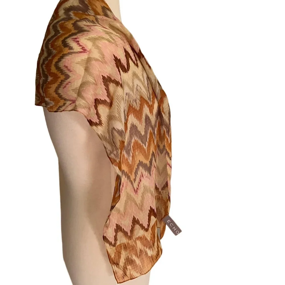 Echo 100% Silk Scarf Chevron Zigzag Print Pink Brown Orange Oblong
